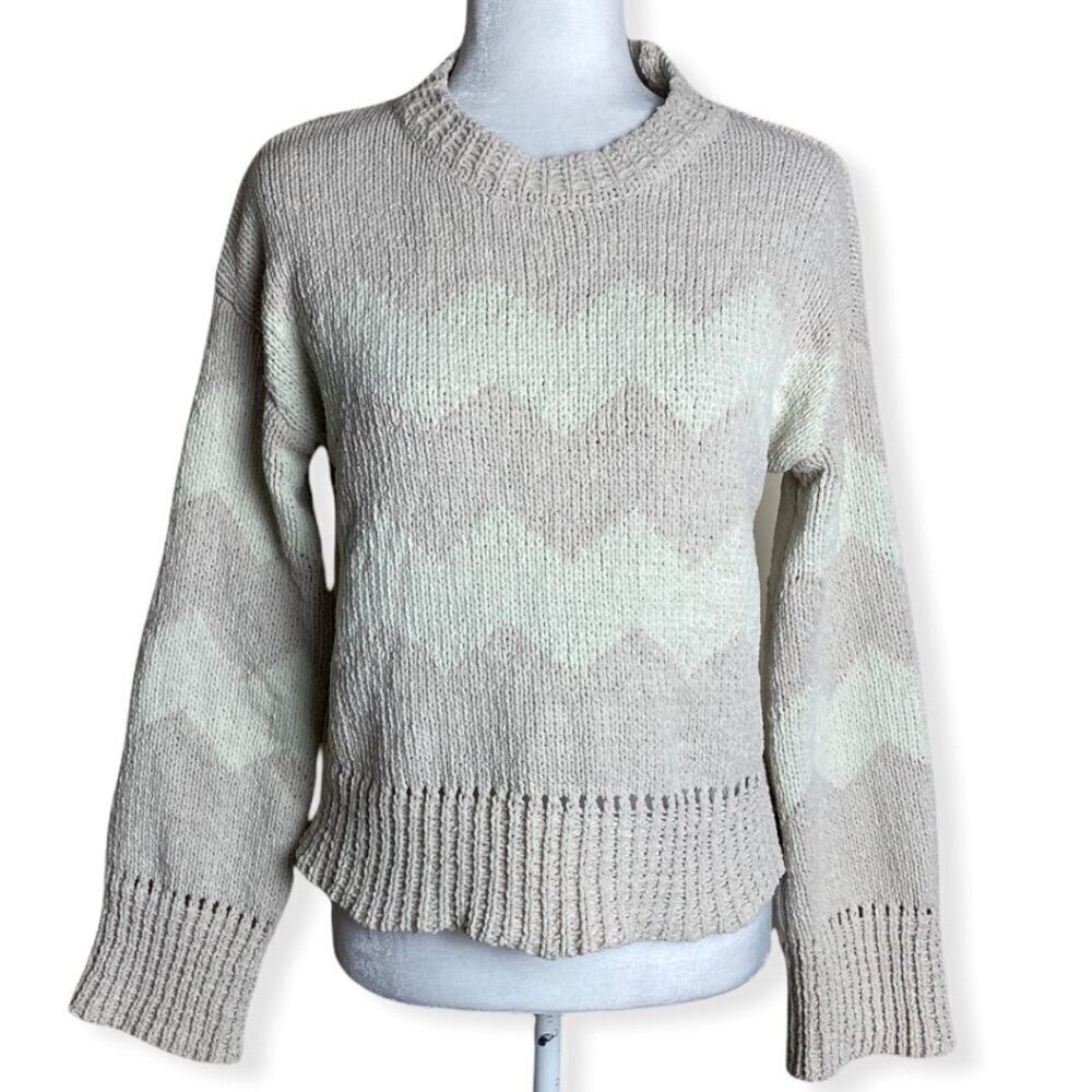 Kendall + Kylie Chunky Knit Chevron Print Crop Sweater Beige Cream Women's Sz L